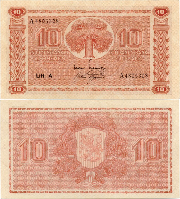 10 Markkaa 1945 Litt.A A4805308 kl.9